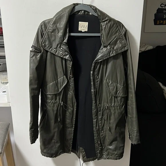 SAM. wax coated, green parka with fur trim, size small